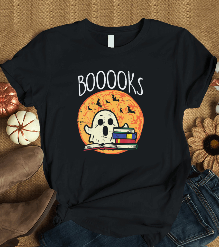 Booooks Moon Ghost Halloween Bookworm Librarian Spooky Bat and Books Spirit T-Shirt