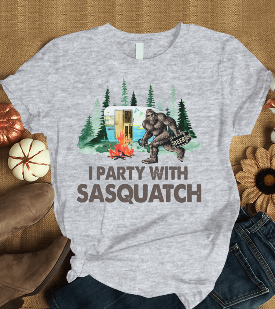 Beer I Party With Sasquatch Camper Fire Forest Scene T-Shirt