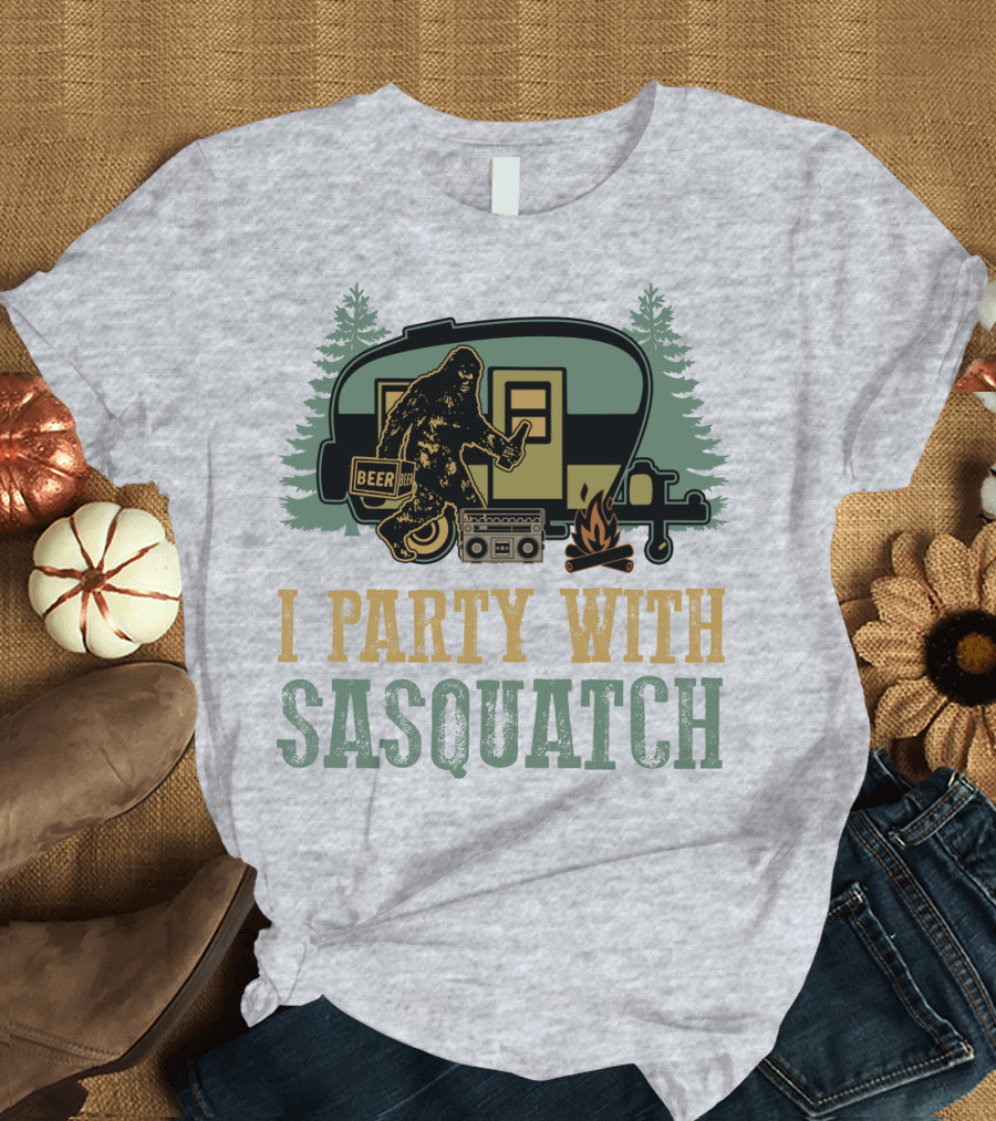 I Party with Sasquatch Beer Campfire Boombox Trailer Adventure T-Shirt