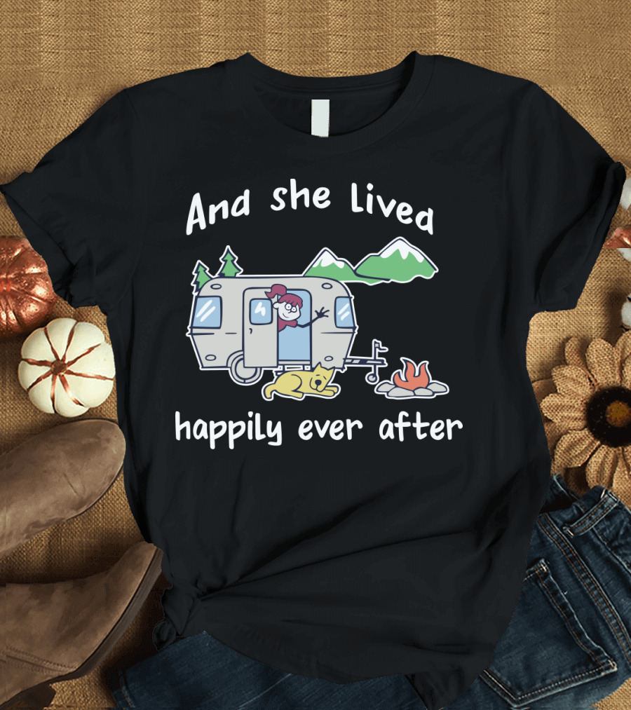 And She Lived Happily Ever After Camper Mountains Campfire Dog T-Shirt