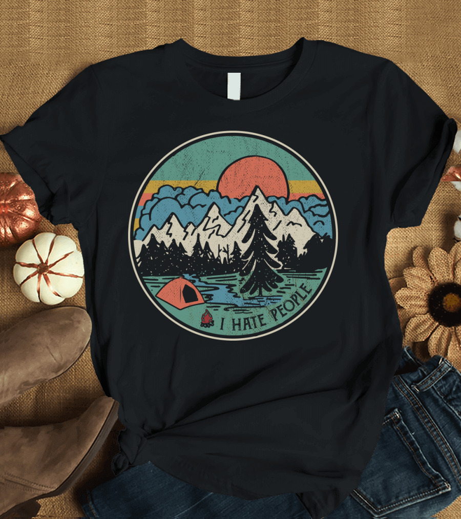 I Hate People Camping Mountains Retro Sunset Tent T-Shirt