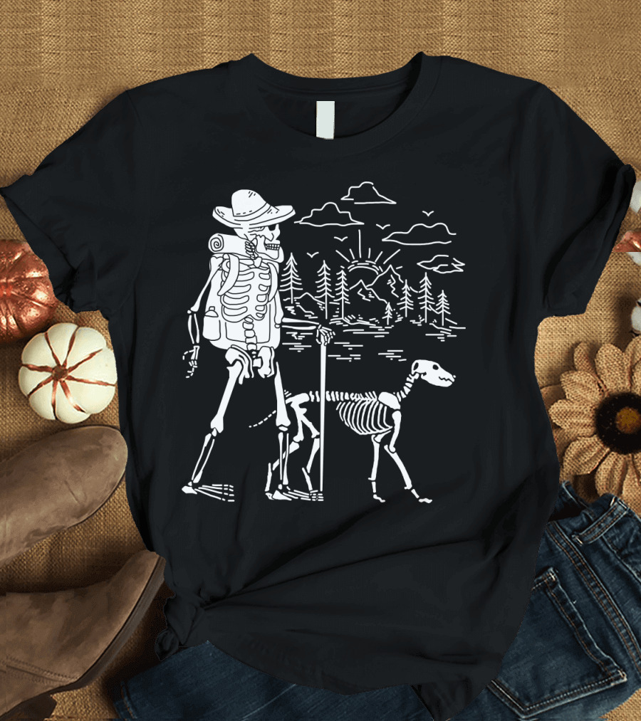 Hiking Skeleton with Skeleton Dog in Mountain Forest Scene T-Shirt