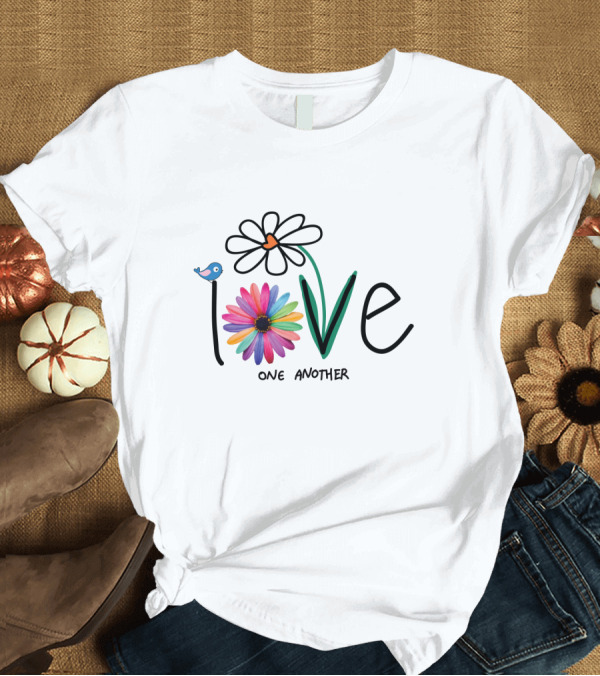 T-Shirt: Love One Another Rainbow Flower Blue Bird T-Shirt Love One Another Rainbow Flower Blue Bird T-Shirt
