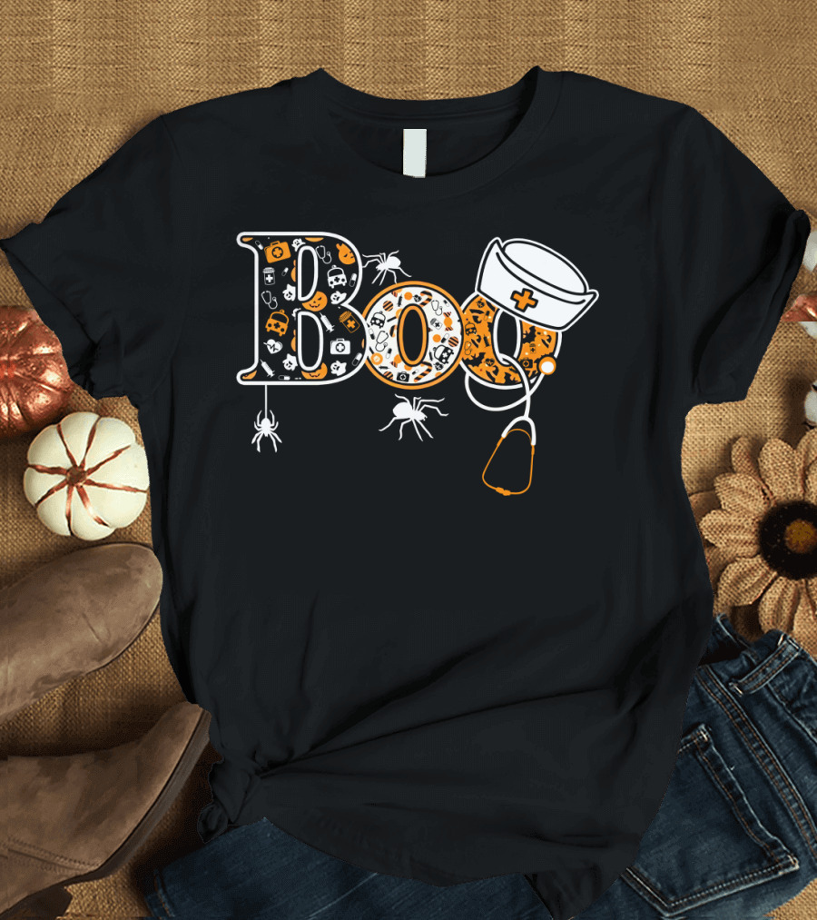 Boo Nurse Halloween Stethoscope Spider Hat T-Shirt