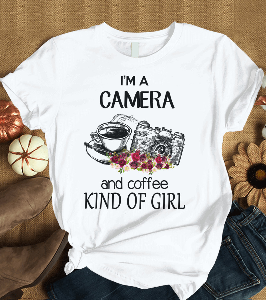I'm A Camera and Coffee Kind of Girl with Vintage Camera and Floral Accents T-Shirt
