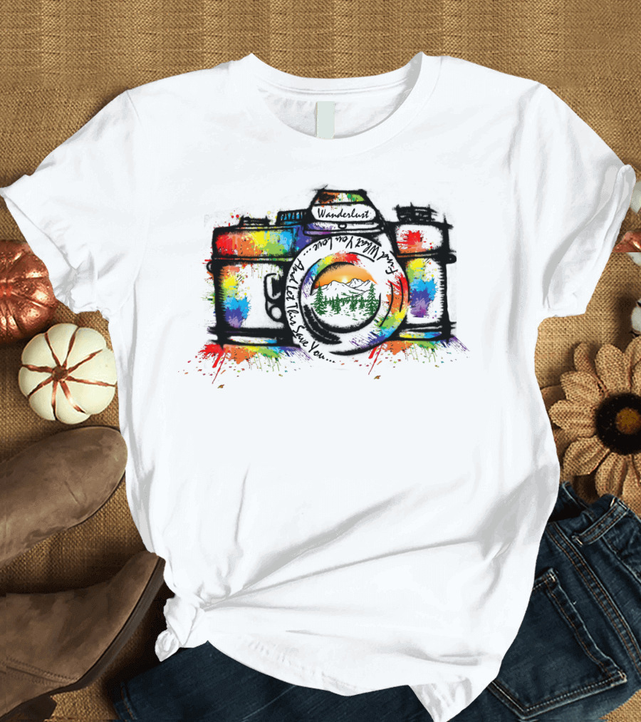 Wanderlust Camera Color Adventure Awaits Mountains T-Shirt