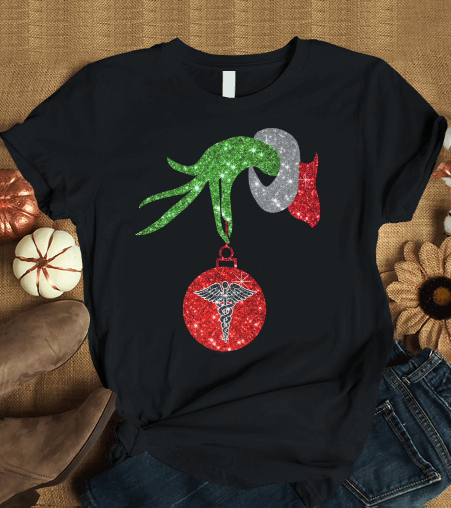 Grinch Hand Holding Caduceus Christmas Ornament Nurse T-Shirt