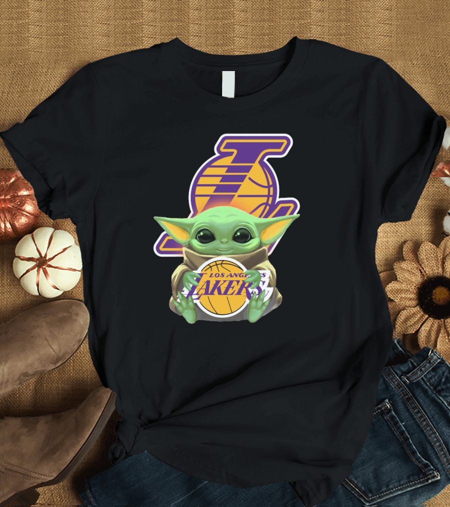 Los Angeles Lakers Baby Yoda Holding Basketball T-Shirt