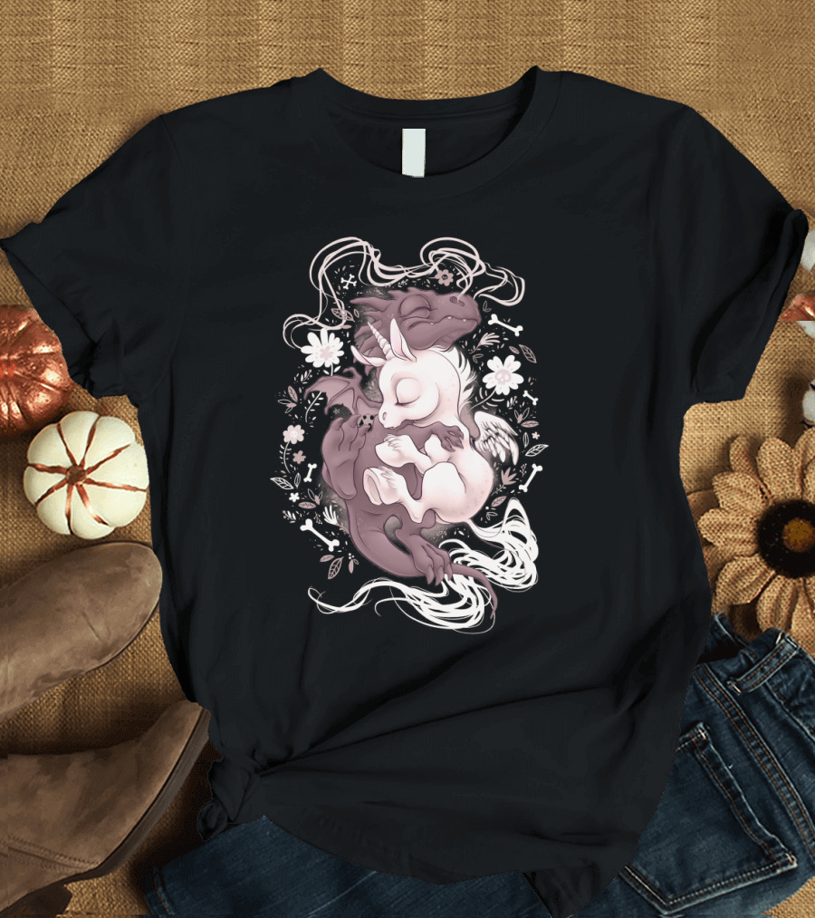 DRAGON UNICORN SLEEPING EMBRACE WITH FLOWERS AND BONES T-Shirt