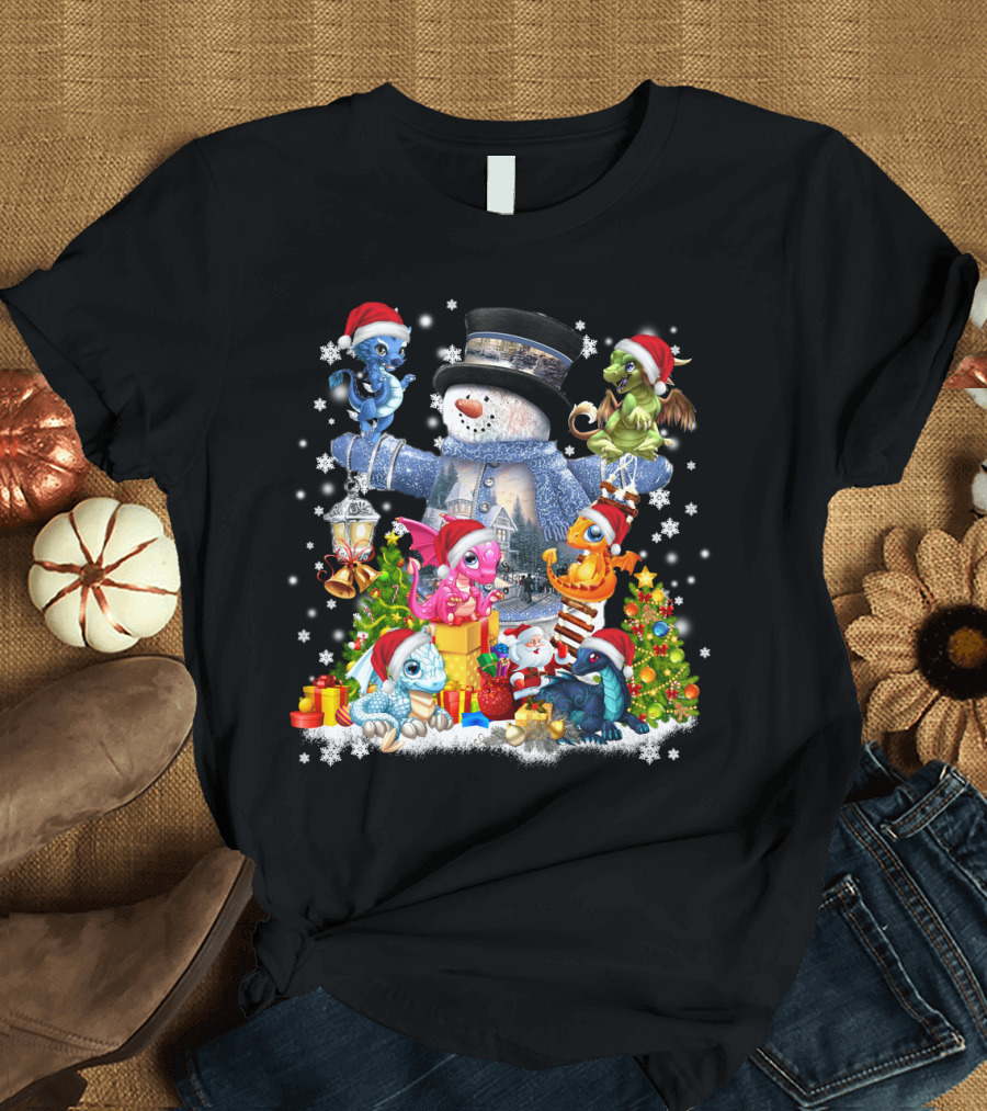 DRAGONS PLAY WITH SNOWMAN IN CHRISTMAS SCENE T-Shirt