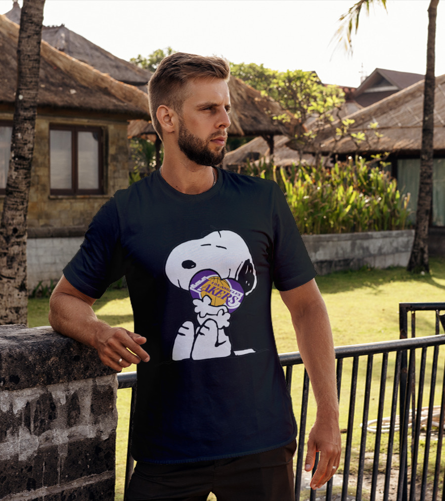 Snoopy Hugging Los Angeles Lakers Basketball T-Shirt