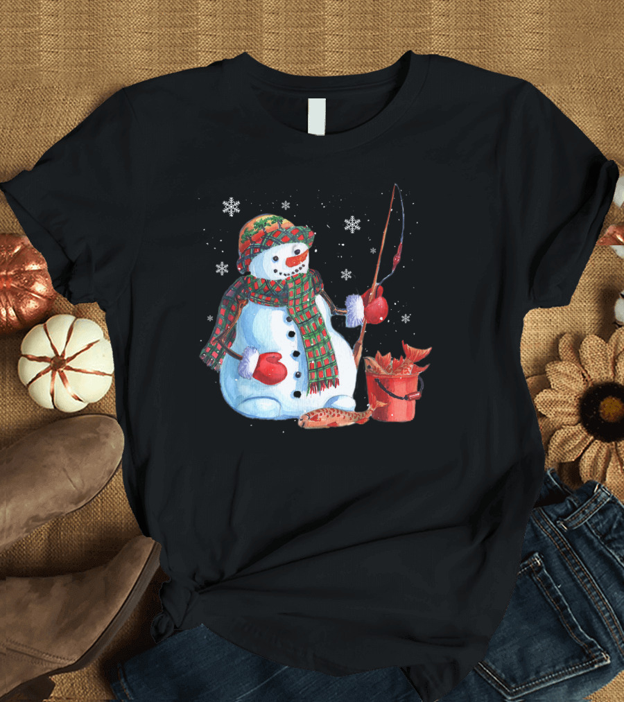 Merry Christmas Fishing Snowman with Fish and Snowflakes for Fishing Lovers T-Shirt