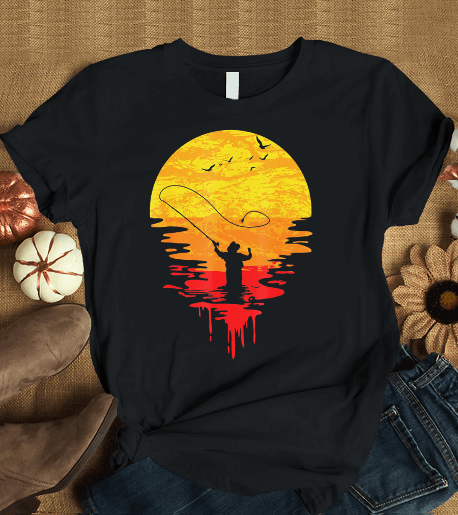 Fly Fishing at Sunset Vintage Style Silhouette with Birds T-Shirt