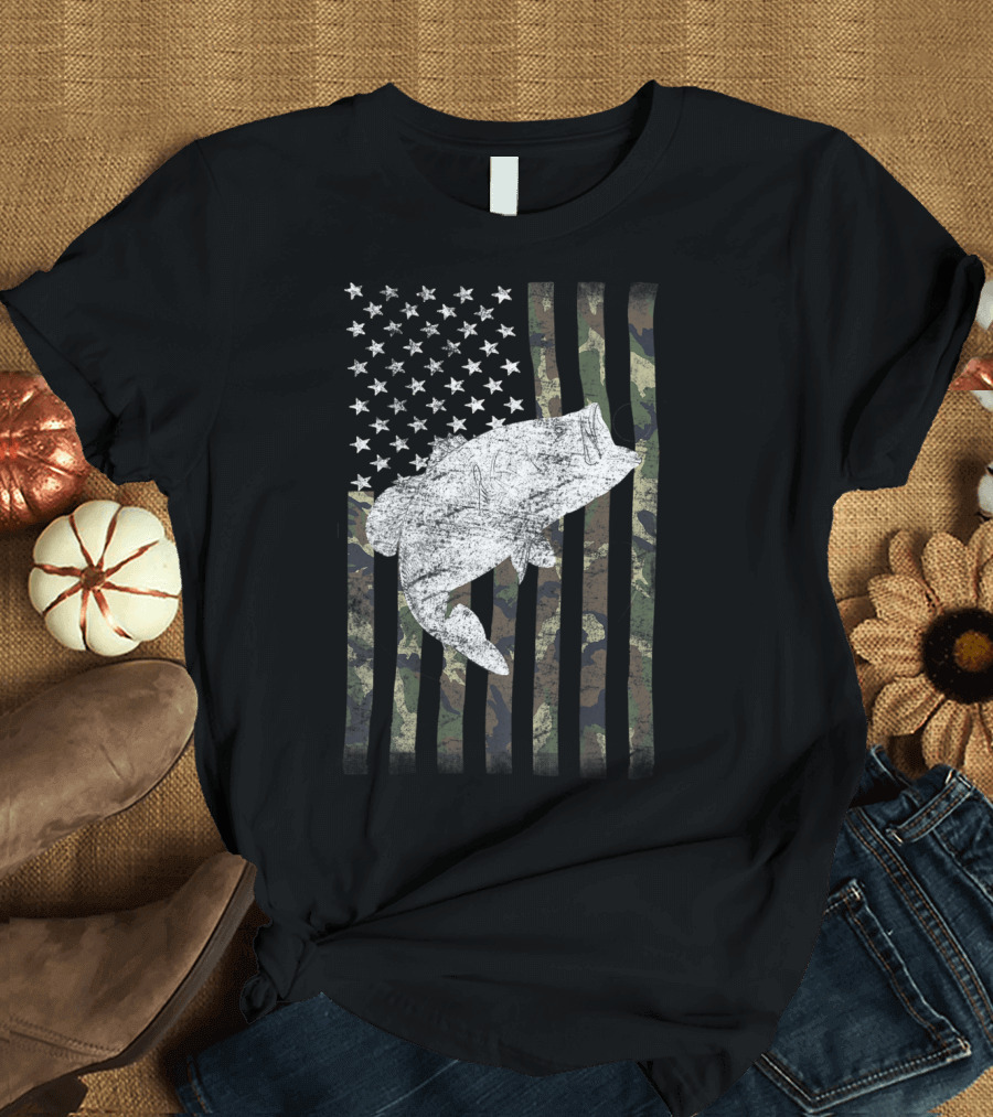 Camouflage Flag with Big Mouth Bass Fishing Humor T-Shirt