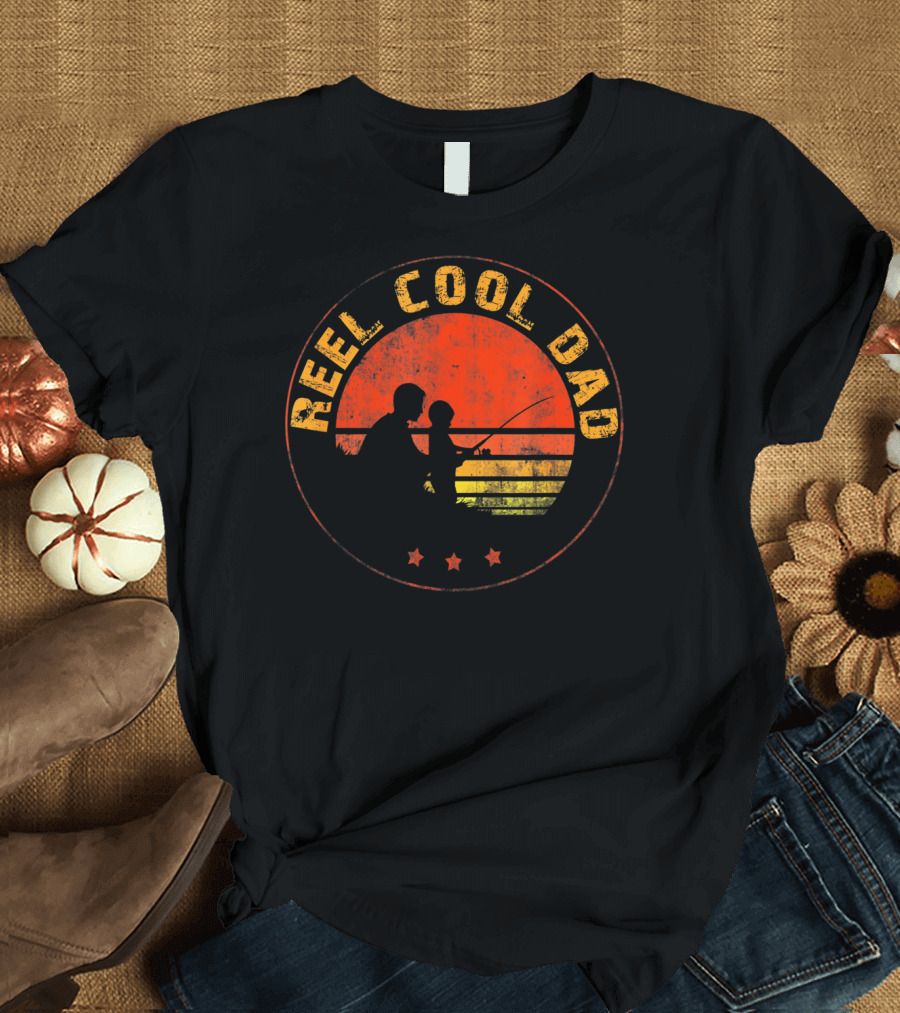 Reel Cool Dad Vintage Sunset Fishing Father and Child T-Shirt