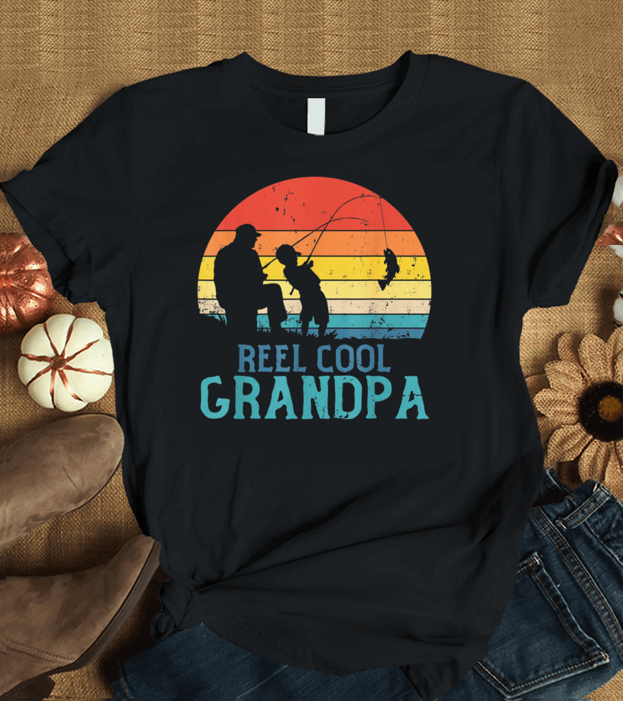 Reel Cool Grandpa Fishing Sunset T-Shirt