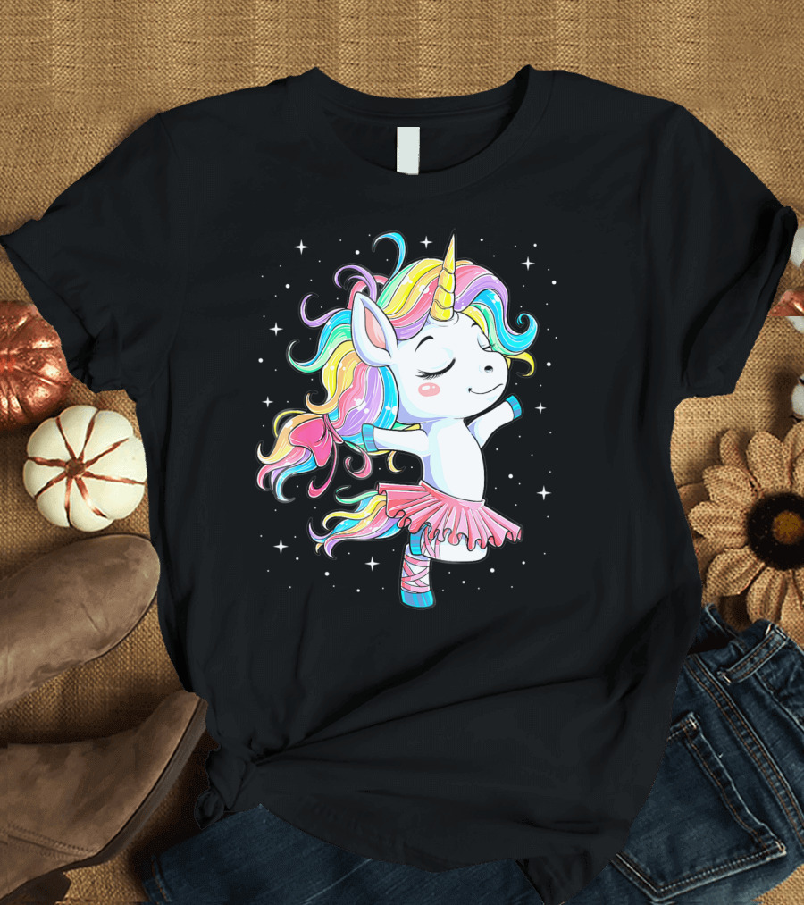 Ballet Dancer Unicorn Kids Girls Rainbow Ballerina Twirling Among Stars T-Shirt