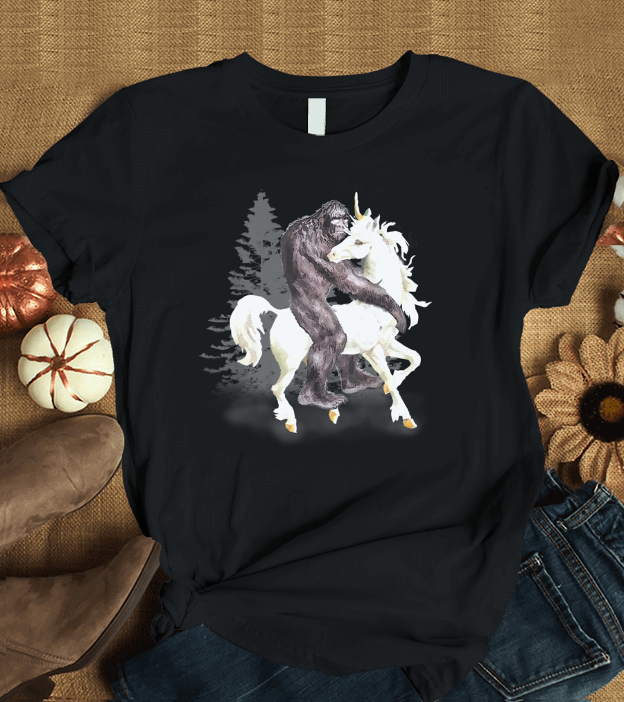Bigfoot Sasquatch on a Unicorn in Mystical Forest Scene T-Shirt
