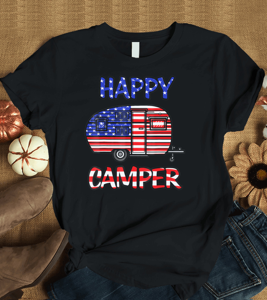 Happy Camper American Flag 4th of July Camping T-Shirt