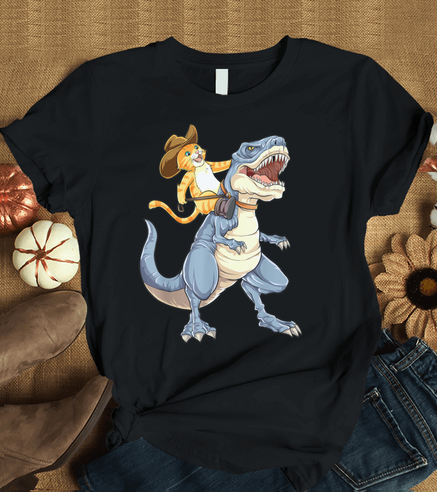 Cat in Cowboy Hat Riding Dinosaur Rex Purrassic Kitty Dino T-Shirt