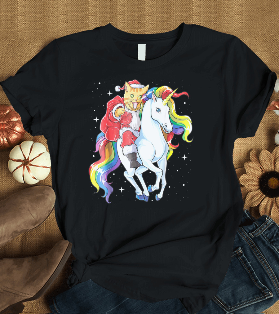 Meowy Cat Santa Riding Rainbow Unicorn Christmas Girls Women T-Shirt
