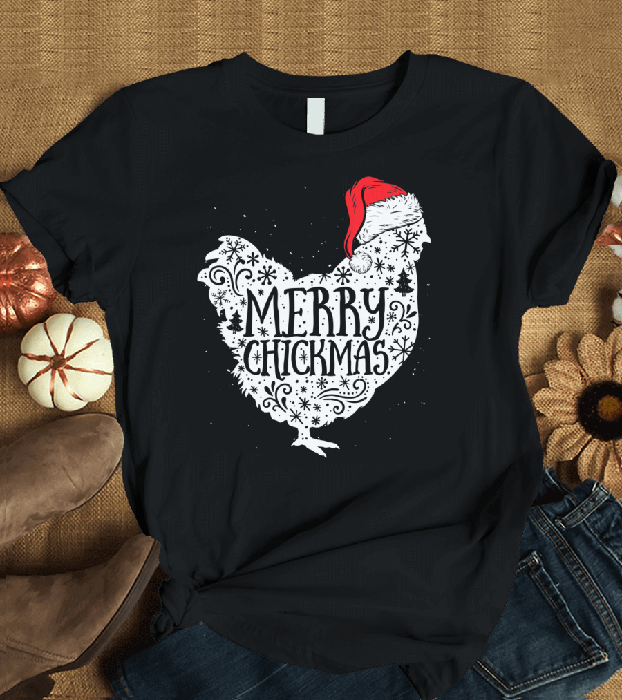 Merry Chickmas Chicken with Santa Claus Hat T-Shirt