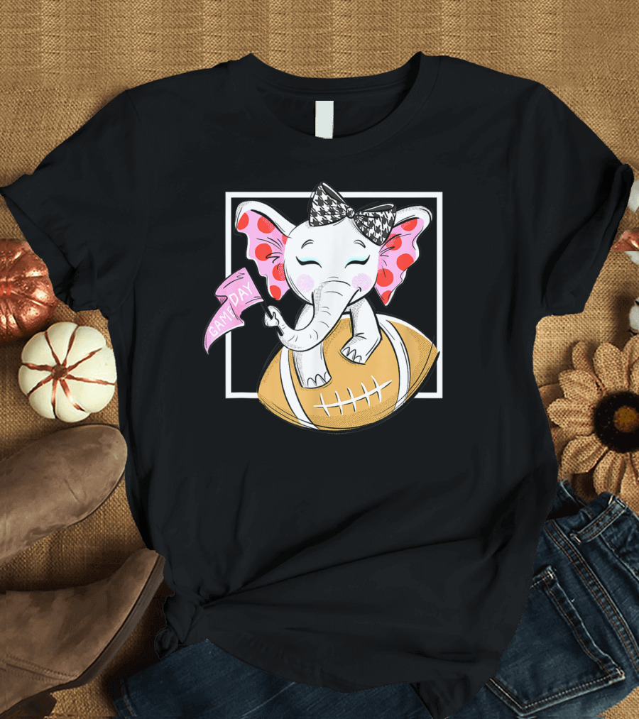 Game Day Elephant with Pink Flag and Houndstooth Bow on Football for Women and Girls Football T-Shirt