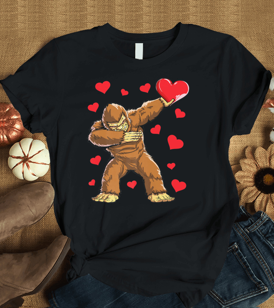 Dabbing Bigfoot with Heart Valentine's Day Boys Men Love T-Shirt