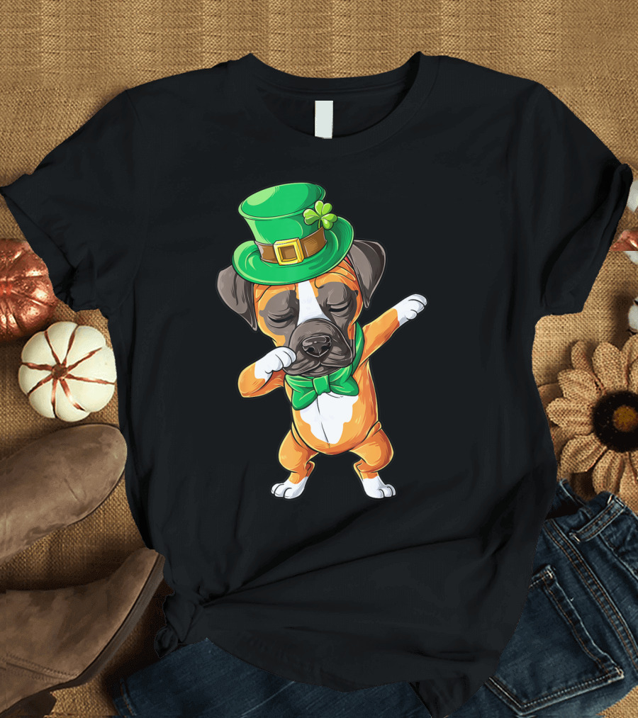St Patricks Day Dabbing Leprechaun Boxer Dog Boys T-Shirt