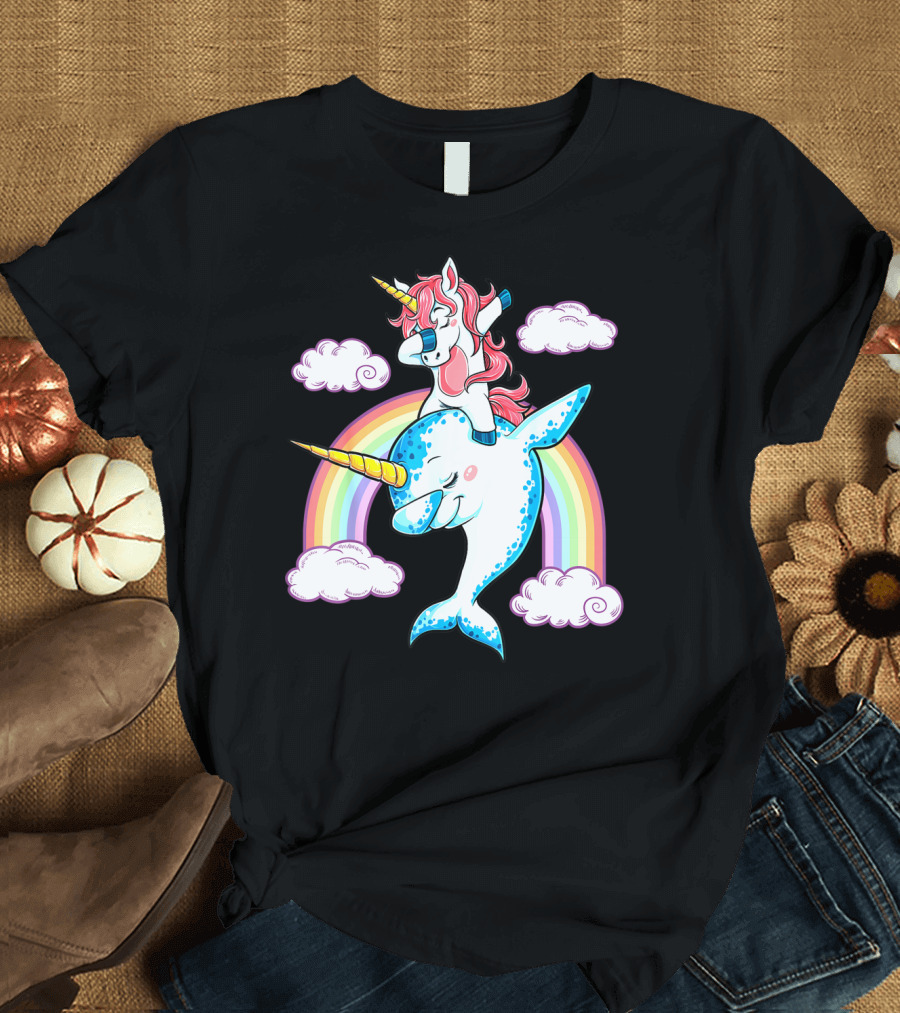 Dabbing Narwhal Unicorn Kids Rainbow Clouds Dab Squad T-Shirt