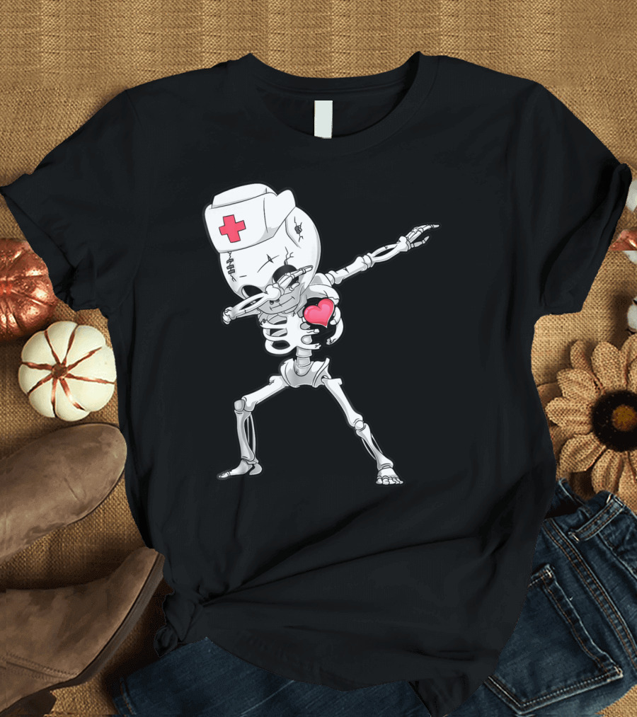 Dabbing Skeleton Nurse Xray Heart Halloween Dab T-Shirt