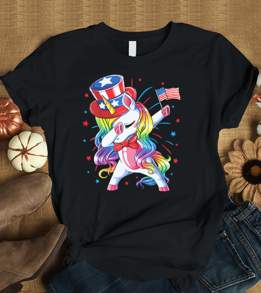 Dabbing Unicorn Uncle Sam Top Hat American Flag 4th of July Girls Kids Women T-Shirt