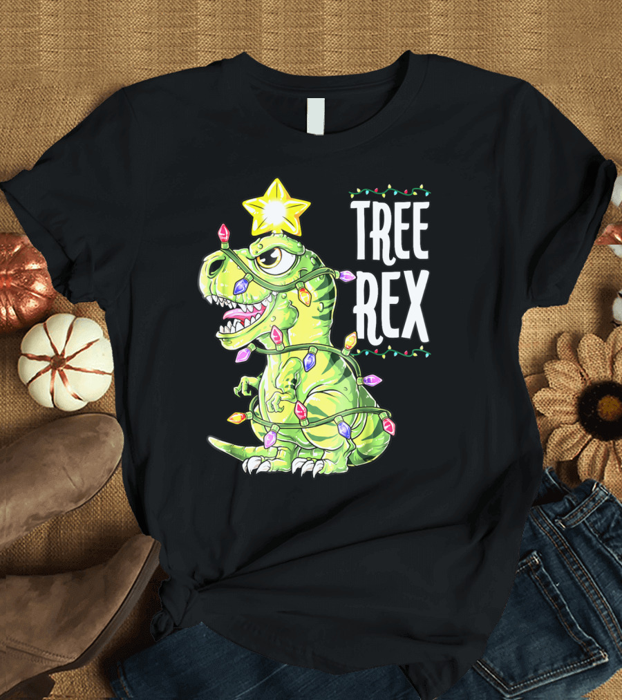 Tree Rex Dinosaur Christmas Lights Boys T-Shirt