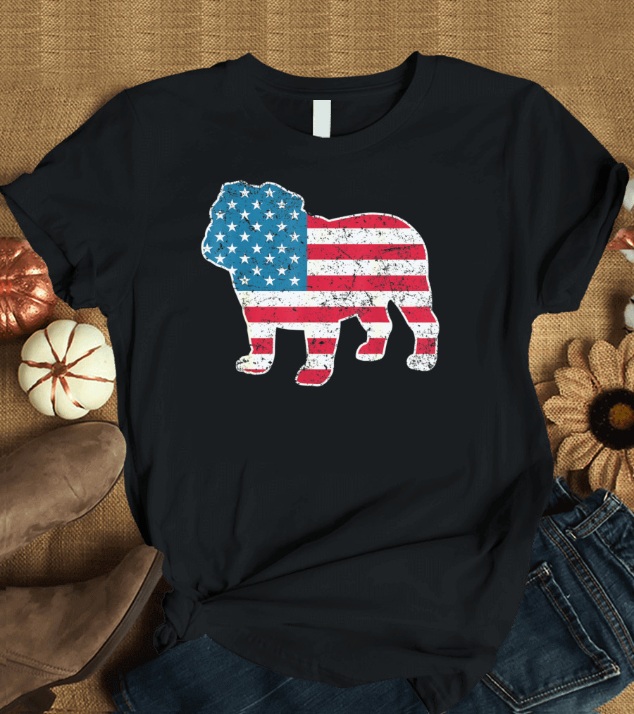 English Bulldog American Flag USA 4th of July Dog T-Shirt