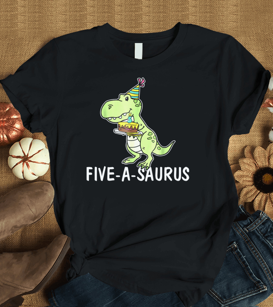 Five-A-Saurus T-Rex Birthday Cake Party Hat 5 Years Old T-Shirt