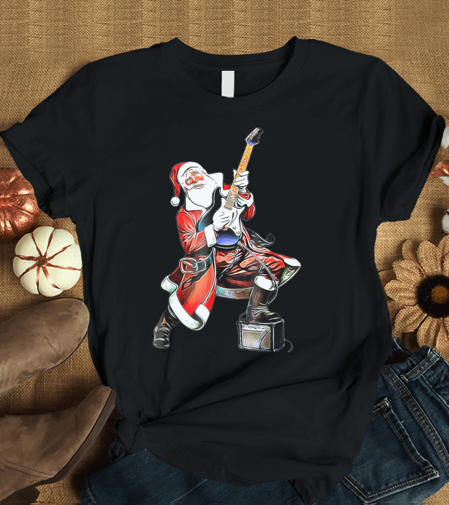 Funny Christmas Rock n Roll Santa Playing Guitar T-Shirt