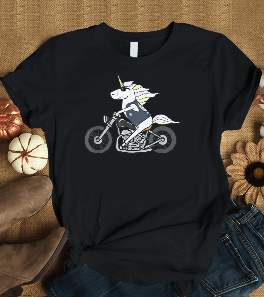 Funny Cool Unicorn Riding Motorcycle with Sunglasses T-Shirt