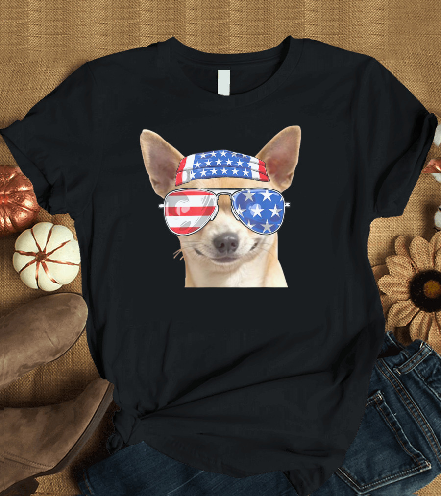 Patriotic Chihuahua with American Flag Bandana and Sunglasses for 4th of July T-Shirt