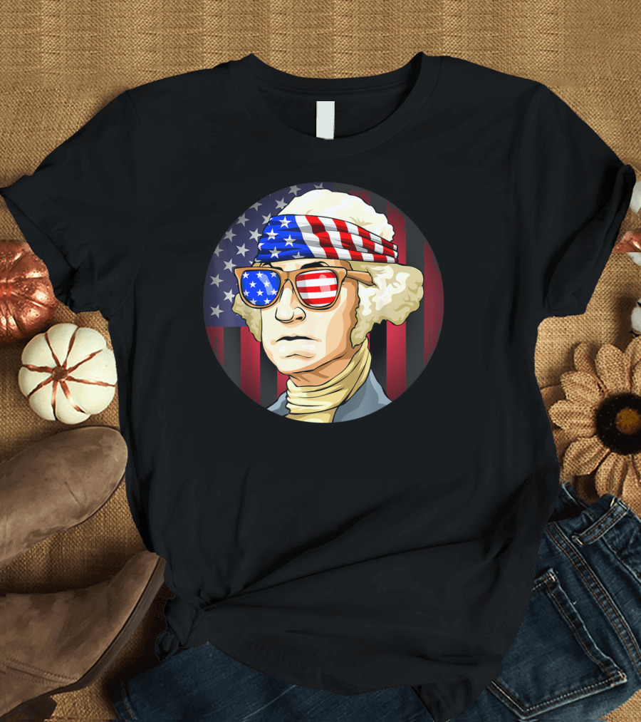 George Washington American Flag Bandana and Sunglasses 4th of July Patriotic T-Shirt