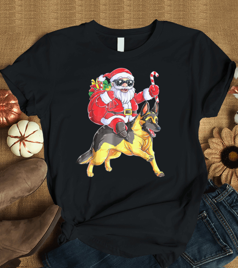 German Shepherd Woofmas with Santa Claus and Candy Cane T-Shirt