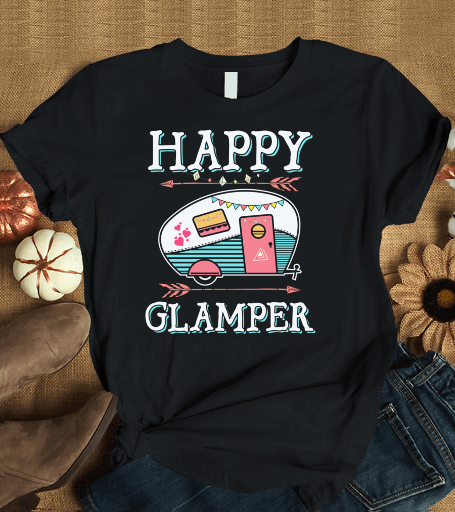 HAPPY GLAMPER Camper with Arrows and Colorful Bunting T-Shirt
