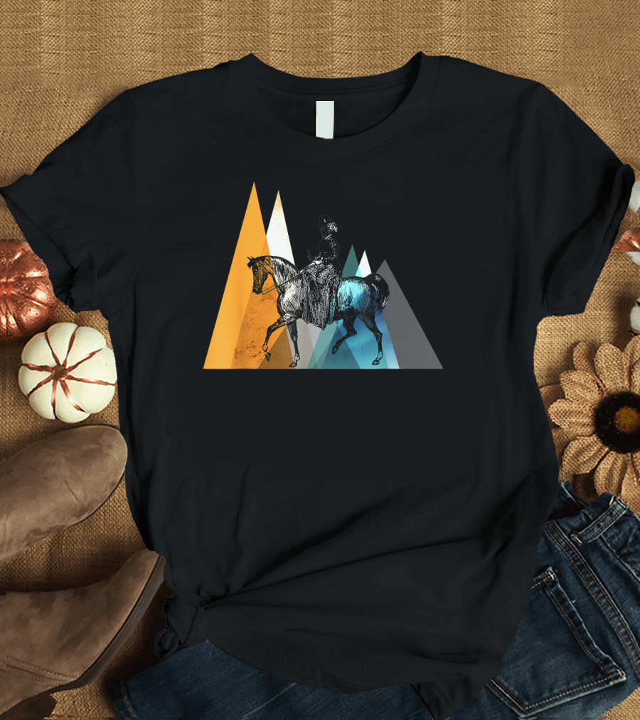 Horseback Riding Geometric Mountain Motif T-Shirt
