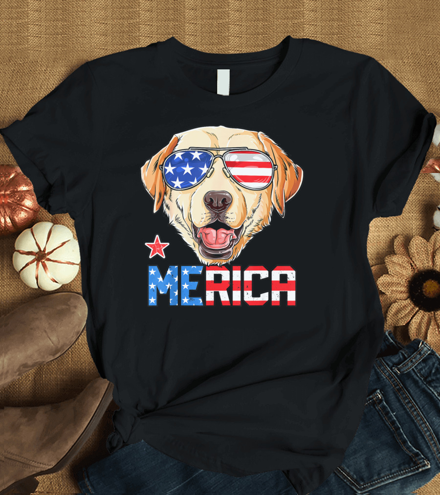 Labrador Dog Merica American Flag Sunglasses USA 4th of July T-Shirt