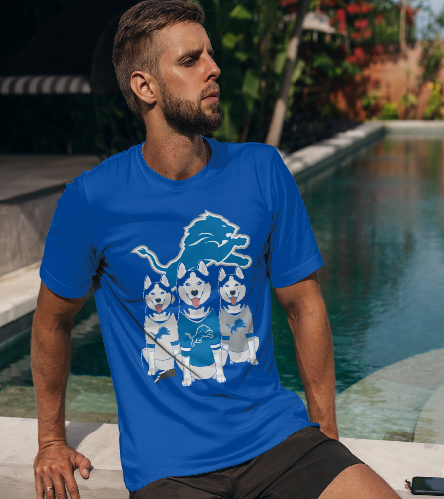 Detroit Lions Husky Trio With Iconic Blue Lion T-Shirt