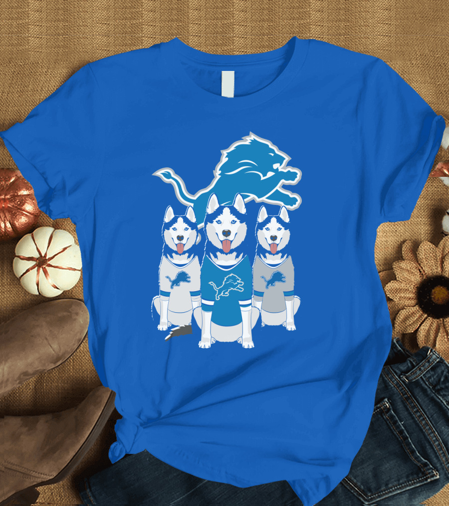 Detroit Lions Husky Trio With Iconic Blue Lion T-Shirt