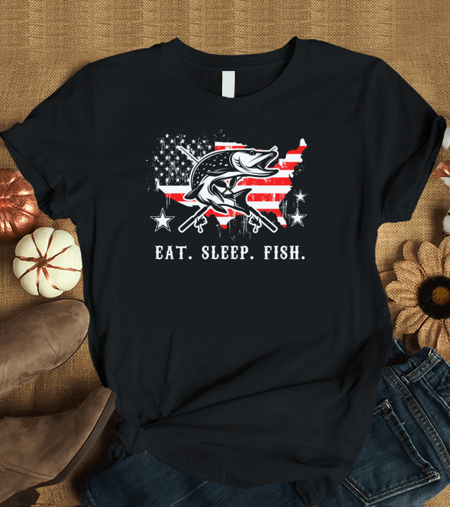 Eat Sleep Fish USA Flag Pike Rifle Stars T-Shirt