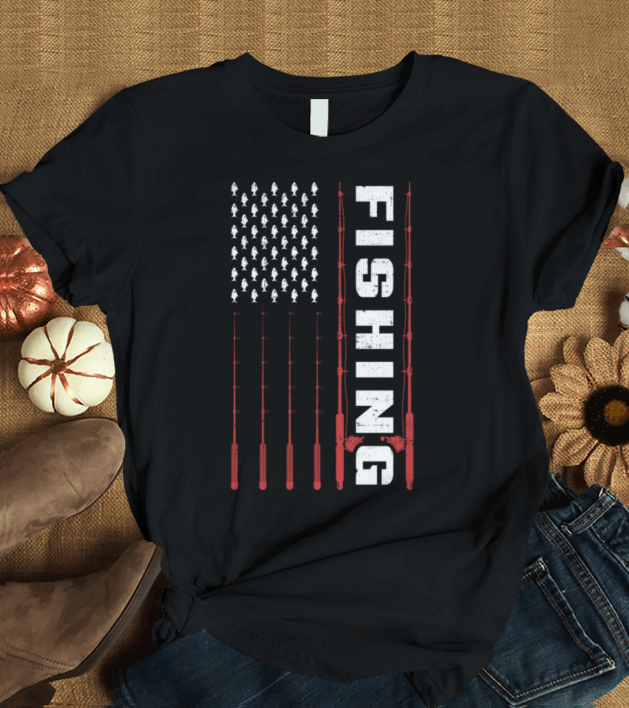 Fishing Flag Fishing Poles and Fish American T-Shirt
