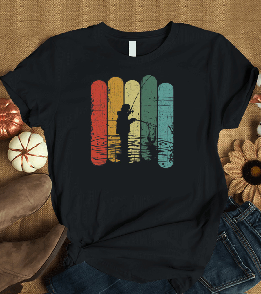 Retro Fishing Silhouette with Colorful T-Shirt