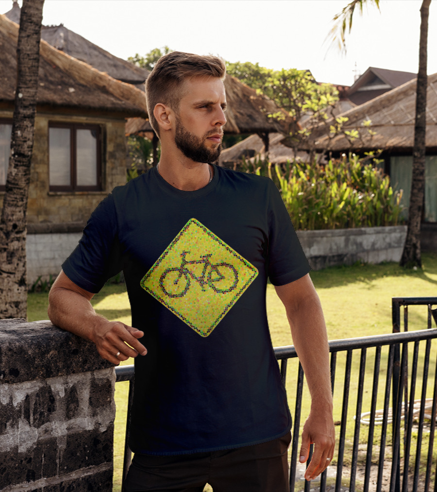 Bike Road Sign Mosaic Style Circular Dots T-Shirt