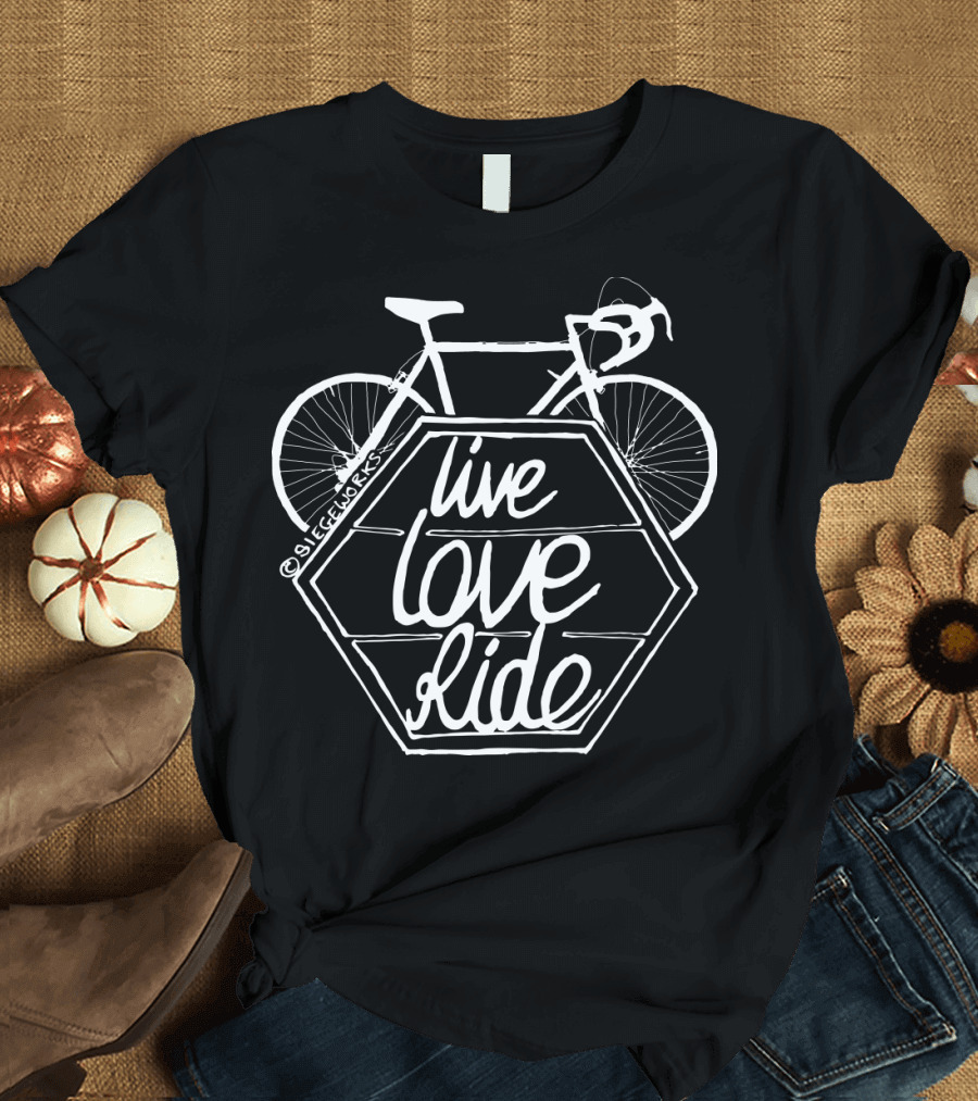 Live Love Ride Bicycle Black Hexagon Design by Siegeworks T-Shirt